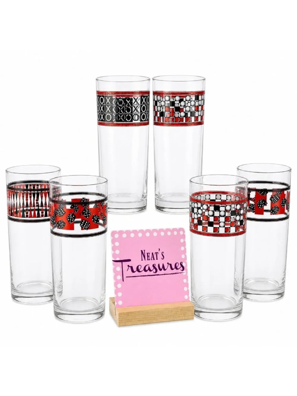 Home Essential CLASSIC GAMES Style 1916 Black Red Motif Highball Glasses Set 6